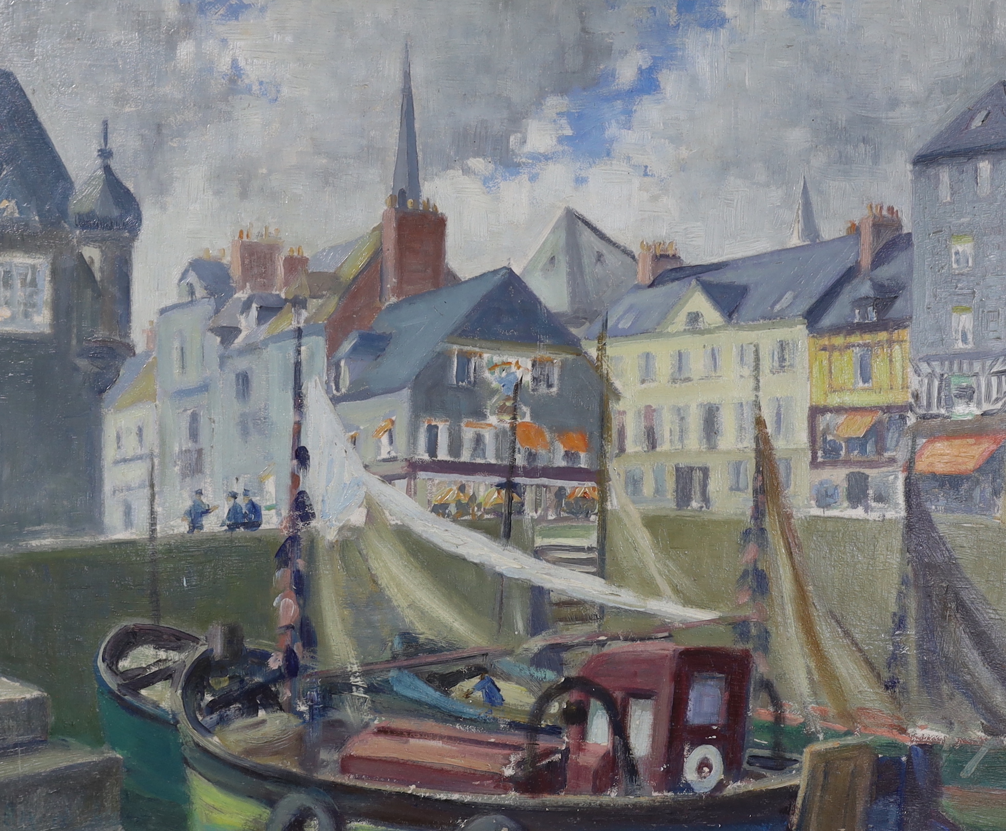 Alfred E. Kerr (1901-1980), oil on board, Fishing boat in harbour, signed, 37 x 45cm